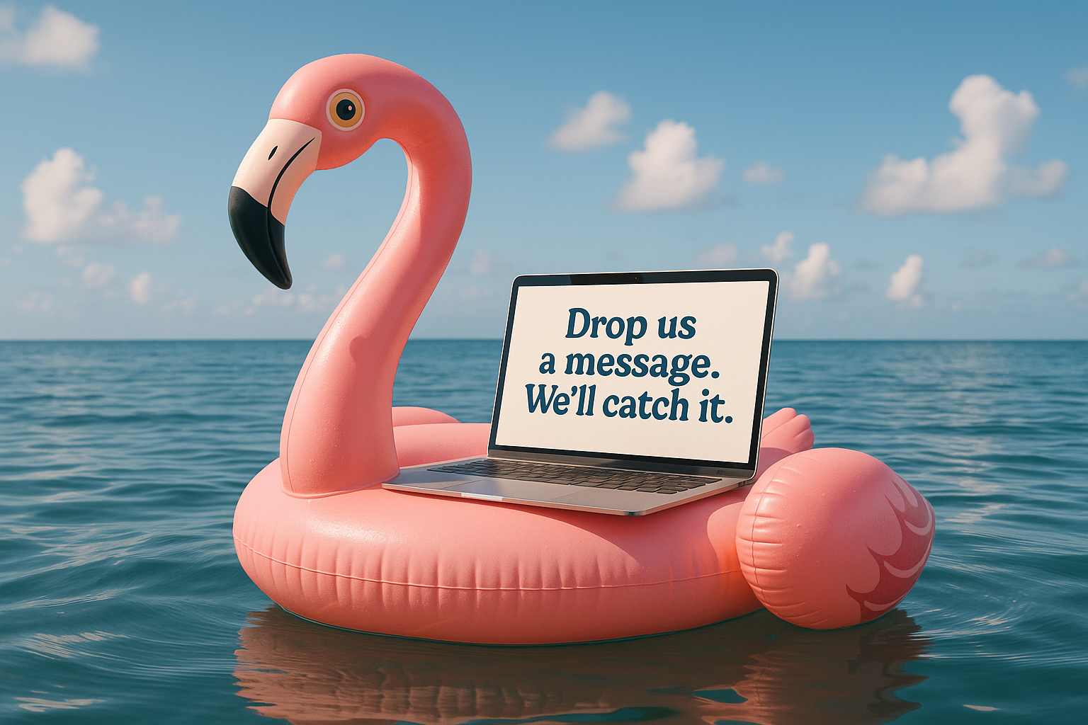 flamingo floatie with a laptop in the ocean that has an email and says send ua a message we wil catch it
