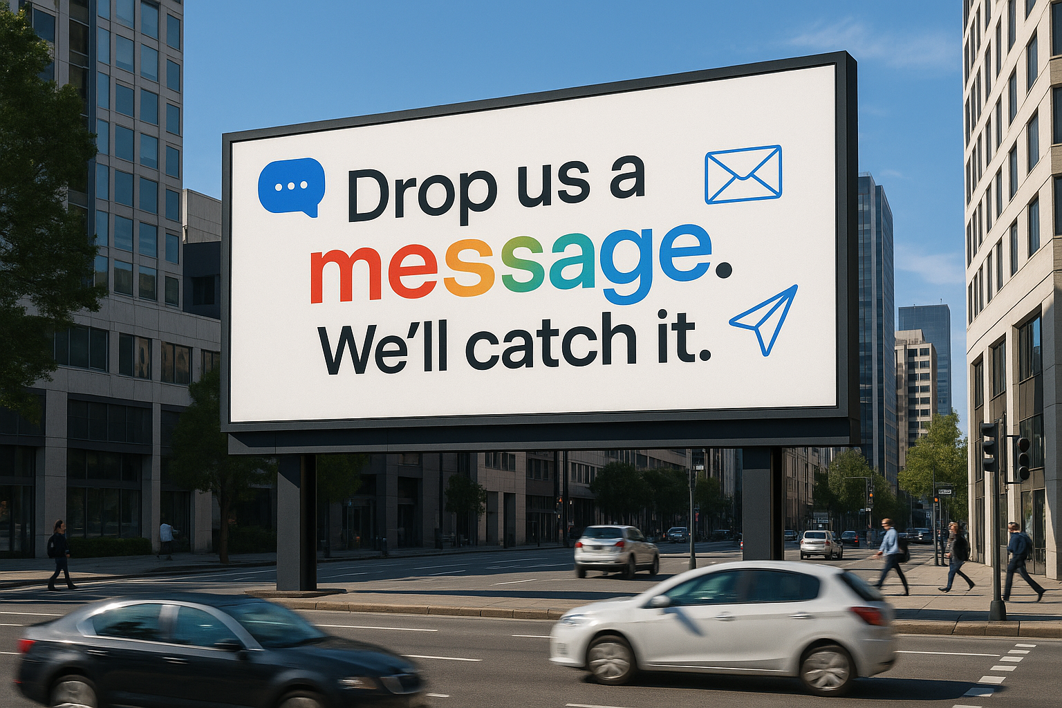 A realistic urban scene with a large digital billboard in focus. The billboard displays a clean, modern ad with the message: “Drop us a message. We’ll catch it.” in a playful colorful font. The environment feels professional yet approachable—blue skies, cars passing by, and maybe a few pedestrians. subtle digital icons worked into the design.